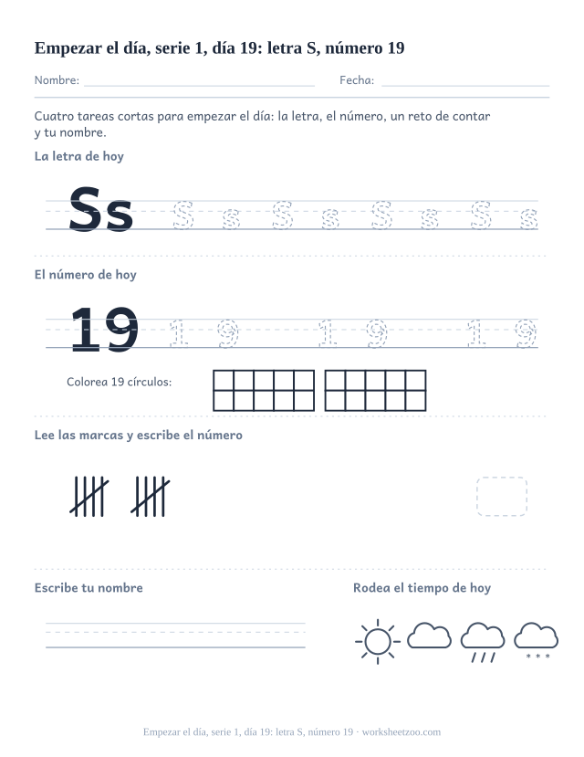 Página de trabajo de la mañana del día 19 de la serie 1 con la letra S para trazar, el número 19 en marco de diez, una tarea de matemáticas, nombre y tiempo