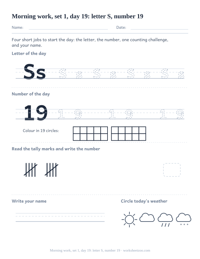 Kindergarten morning work page for day 19 of set 1 with letter S tracing, number 19 ten frame, a tally task, name writing and weather