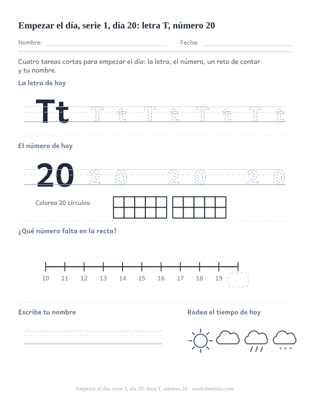 Página de trabajo de la mañana del día 20 de la serie 1 con la letra T para trazar, el número 20 en marco de diez, una tarea de matemáticas, nombre y tiempo