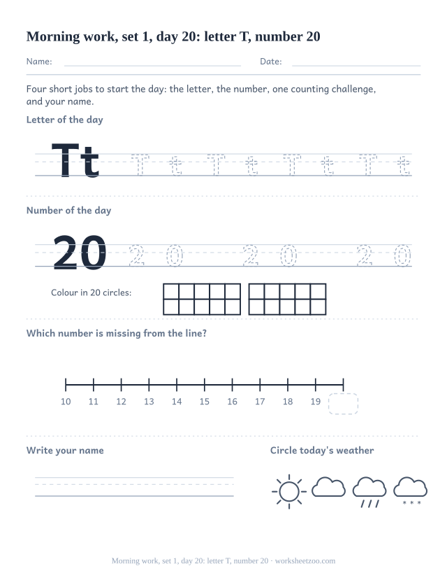 Kindergarten morning work page for day 20 of set 1 with letter T tracing, number 20 ten frame, a line task, name writing and weather