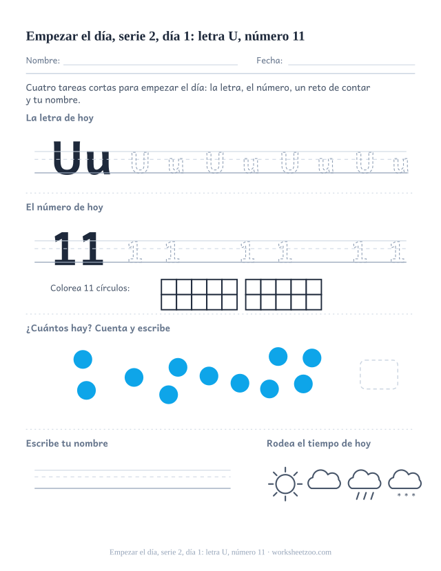 Página de trabajo de la mañana del día 1 de la serie 2 con la letra U para trazar, el número 11 en marco de diez, una tarea de matemáticas, nombre y tiempo