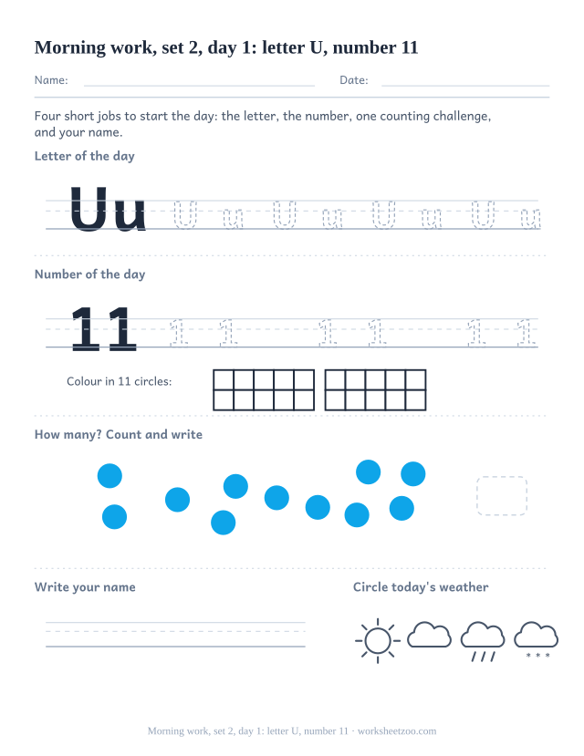Kindergarten morning work page for day 1 of set 2 with letter U tracing, number 11 ten frame, a count task, name writing and weather