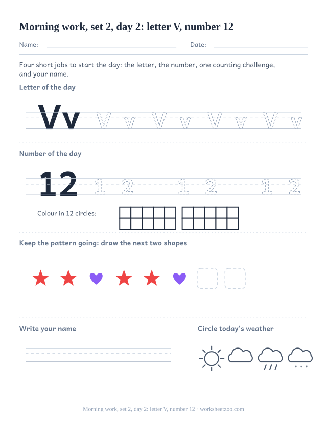 Kindergarten morning work page for day 2 of set 2 with letter V tracing, number 12 ten frame, a pattern task, name writing and weather
