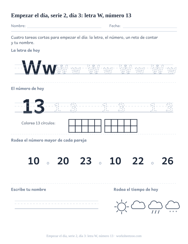 Página de trabajo de la mañana del día 3 de la serie 2 con la letra W para trazar, el número 13 en marco de diez, una tarea de matemáticas, nombre y tiempo