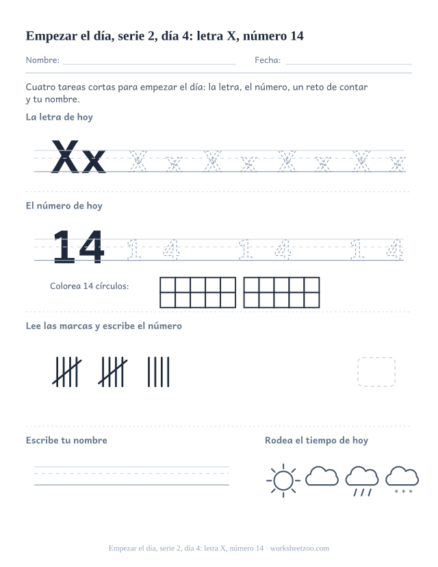 Página de trabajo de la mañana del día 4 de la serie 2 con la letra X para trazar, el número 14 en marco de diez, una tarea de matemáticas, nombre y tiempo
