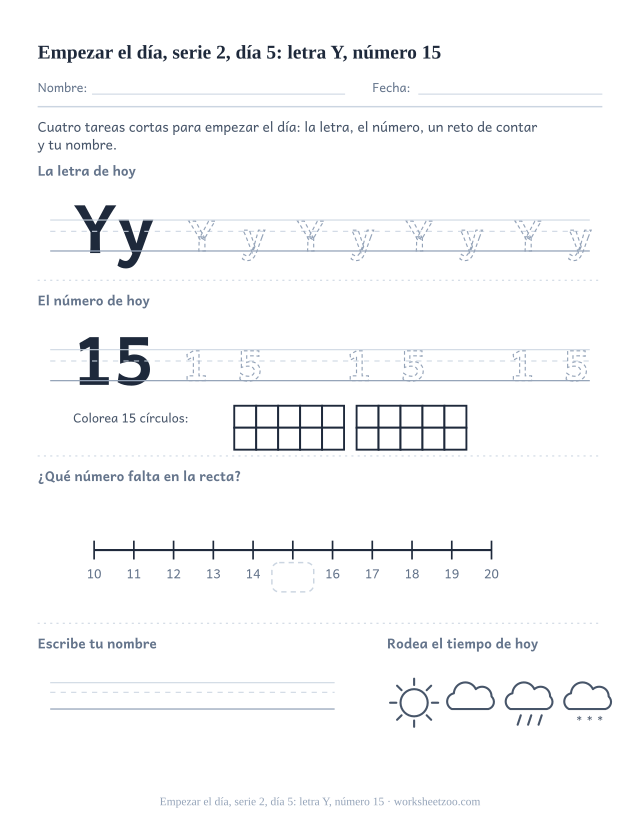 Página de trabajo de la mañana del día 5 de la serie 2 con la letra Y para trazar, el número 15 en marco de diez, una tarea de matemáticas, nombre y tiempo