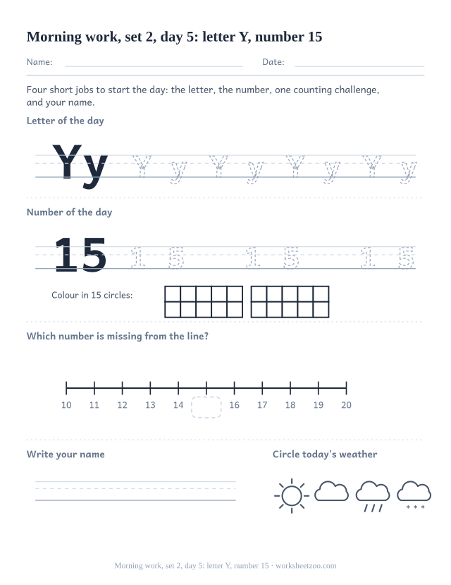 Kindergarten morning work page for day 5 of set 2 with letter Y tracing, number 15 ten frame, a line task, name writing and weather