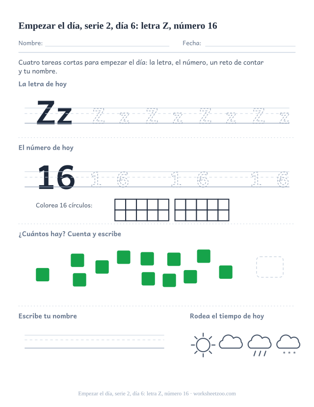 Página de trabajo de la mañana del día 6 de la serie 2 con la letra Z para trazar, el número 16 en marco de diez, una tarea de matemáticas, nombre y tiempo