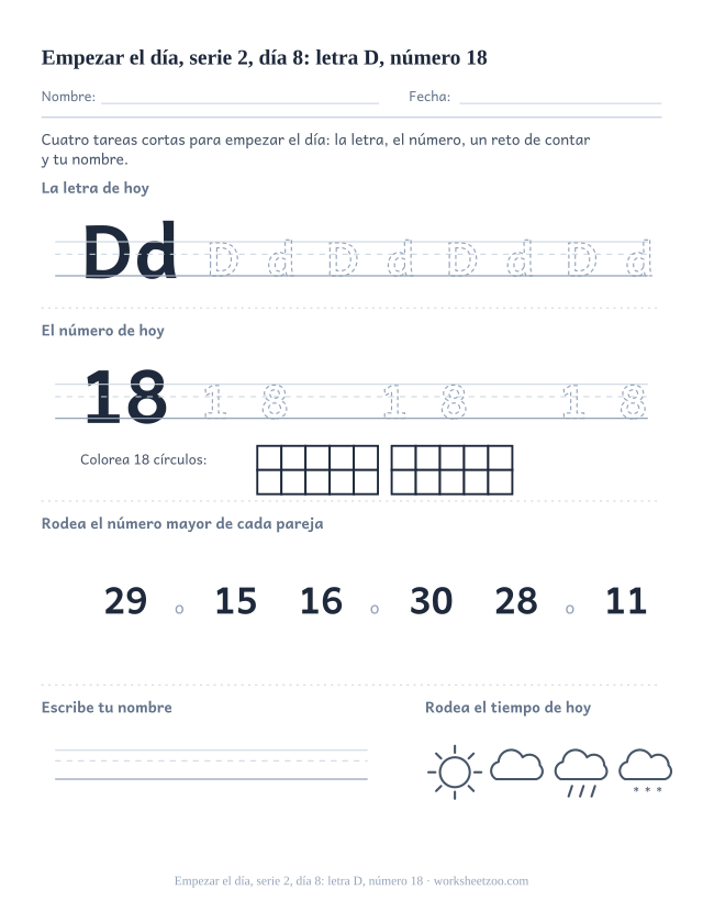 Página de trabajo de la mañana del día 8 de la serie 2 con la letra D para trazar, el número 18 en marco de diez, una tarea de matemáticas, nombre y tiempo (ronda de repaso)