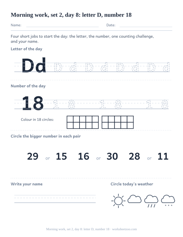 Kindergarten morning work page for day 8 of set 2 with letter D tracing, number 18 ten frame, a compare task, name writing and weather (review round)