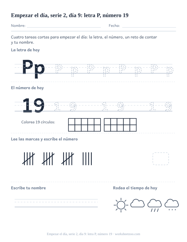 Página de trabajo de la mañana del día 9 de la serie 2 con la letra P para trazar, el número 19 en marco de diez, una tarea de matemáticas, nombre y tiempo (ronda de repaso)