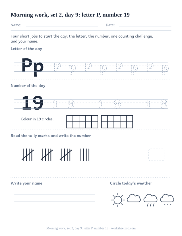 Kindergarten morning work page for day 9 of set 2 with letter P tracing, number 19 ten frame, a tally task, name writing and weather (review round)