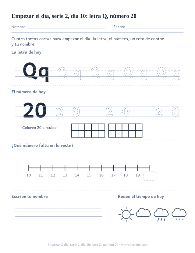 Página de trabajo de la mañana del día 10 de la serie 2 con la letra Q para trazar, el número 20 en marco de diez, una tarea de matemáticas, nombre y tiempo (ronda de repaso)