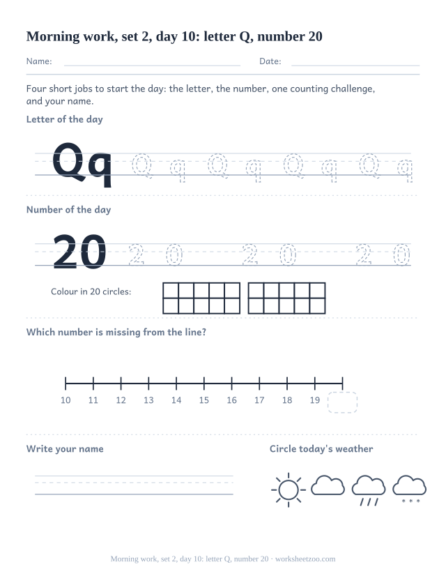 Kindergarten morning work page for day 10 of set 2 with letter Q tracing, number 20 ten frame, a line task, name writing and weather (review round)
