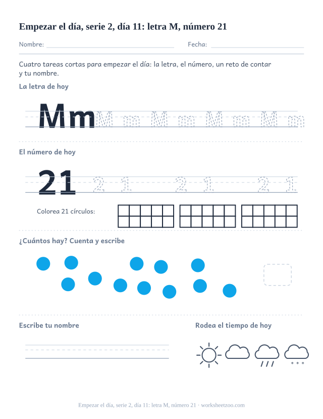 Página de trabajo de la mañana del día 11 de la serie 2 con la letra M para trazar, el número 21 en marco de diez, una tarea de matemáticas, nombre y tiempo (ronda de repaso)