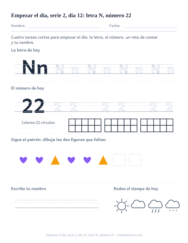 Página de trabajo de la mañana del día 12 de la serie 2 con la letra N para trazar, el número 22 en marco de diez, una tarea de matemáticas, nombre y tiempo (ronda de repaso)