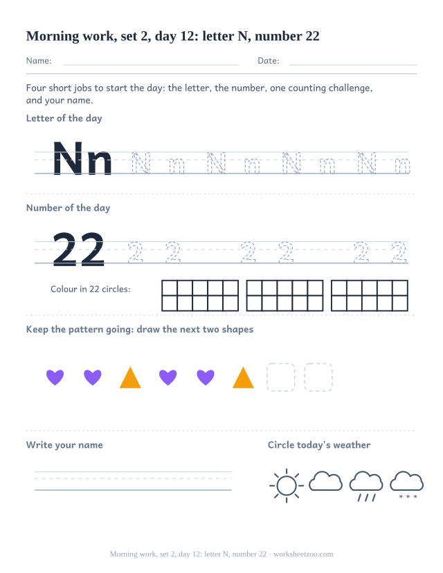 Kindergarten morning work page for day 12 of set 2 with letter N tracing, number 22 ten frame, a pattern task, name writing and weather (review round)