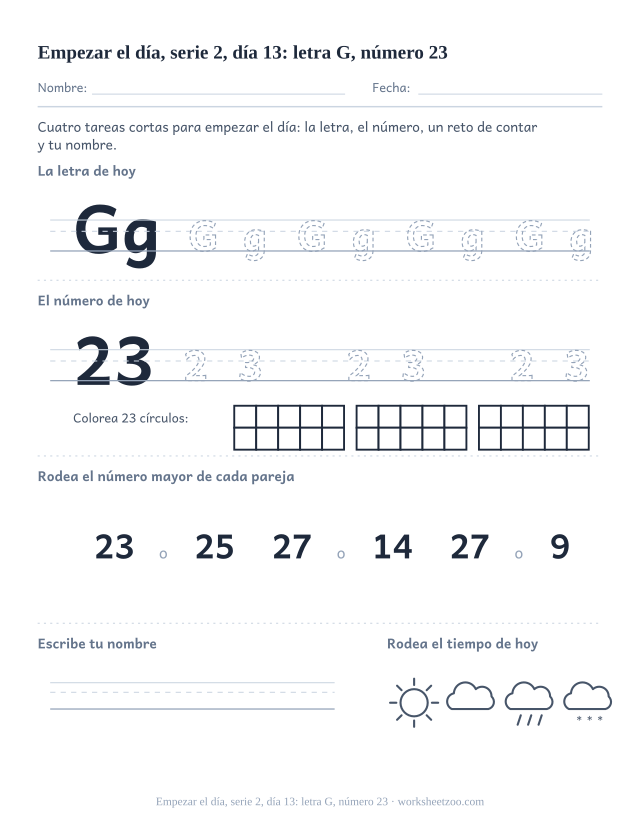 Página de trabajo de la mañana del día 13 de la serie 2 con la letra G para trazar, el número 23 en marco de diez, una tarea de matemáticas, nombre y tiempo (ronda de repaso)