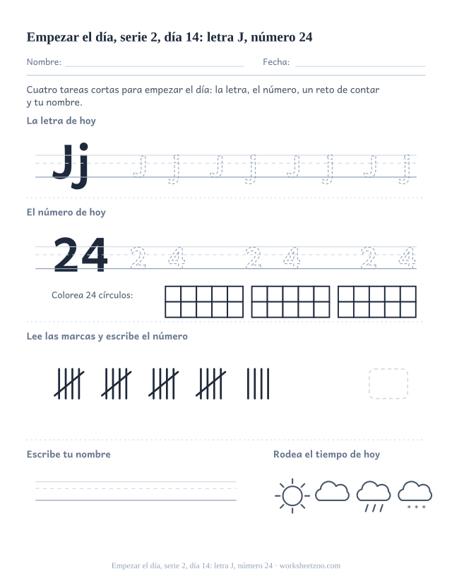 Página de trabajo de la mañana del día 14 de la serie 2 con la letra J para trazar, el número 24 en marco de diez, una tarea de matemáticas, nombre y tiempo (ronda de repaso)