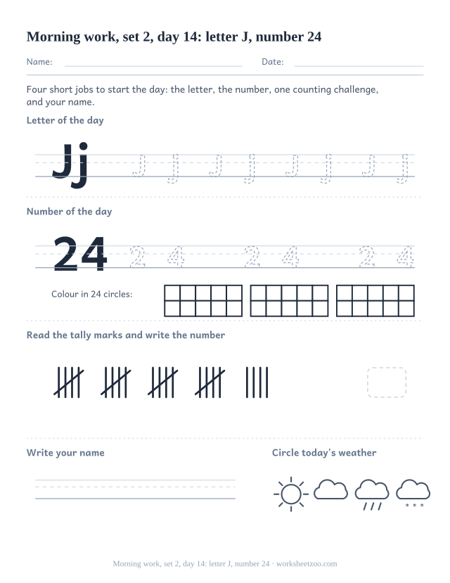Kindergarten morning work page for day 14 of set 2 with letter J tracing, number 24 ten frame, a tally task, name writing and weather (review round)