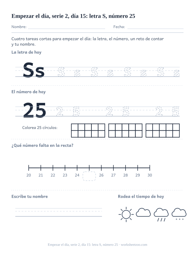 Página de trabajo de la mañana del día 15 de la serie 2 con la letra S para trazar, el número 25 en marco de diez, una tarea de matemáticas, nombre y tiempo (ronda de repaso)