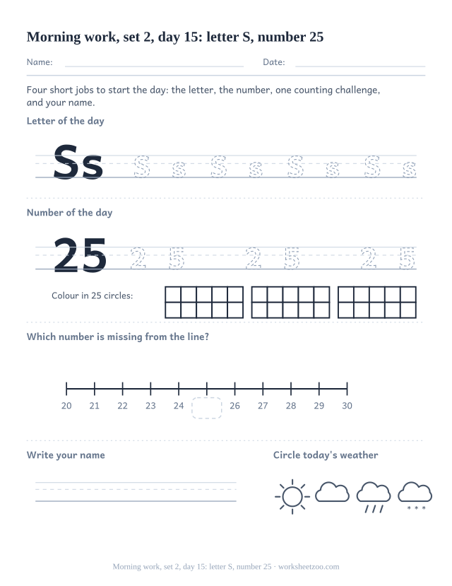 Kindergarten morning work page for day 15 of set 2 with letter S tracing, number 25 ten frame, a line task, name writing and weather (review round)