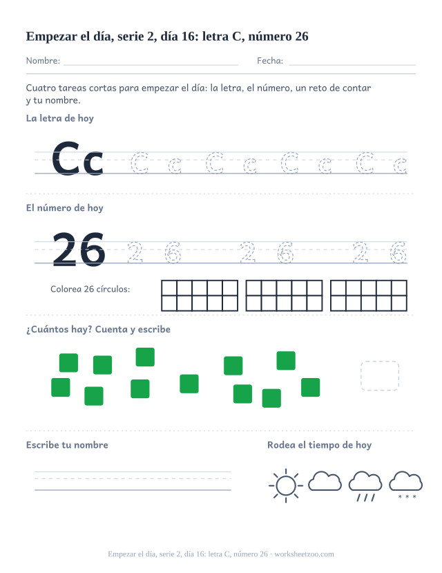 Página de trabajo de la mañana del día 16 de la serie 2 con la letra C para trazar, el número 26 en marco de diez, una tarea de matemáticas, nombre y tiempo (ronda de repaso)