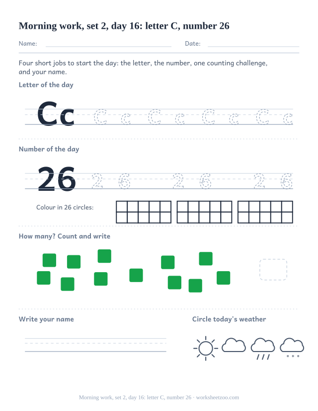 Kindergarten morning work page for day 16 of set 2 with letter C tracing, number 26 ten frame, a count task, name writing and weather (review round)