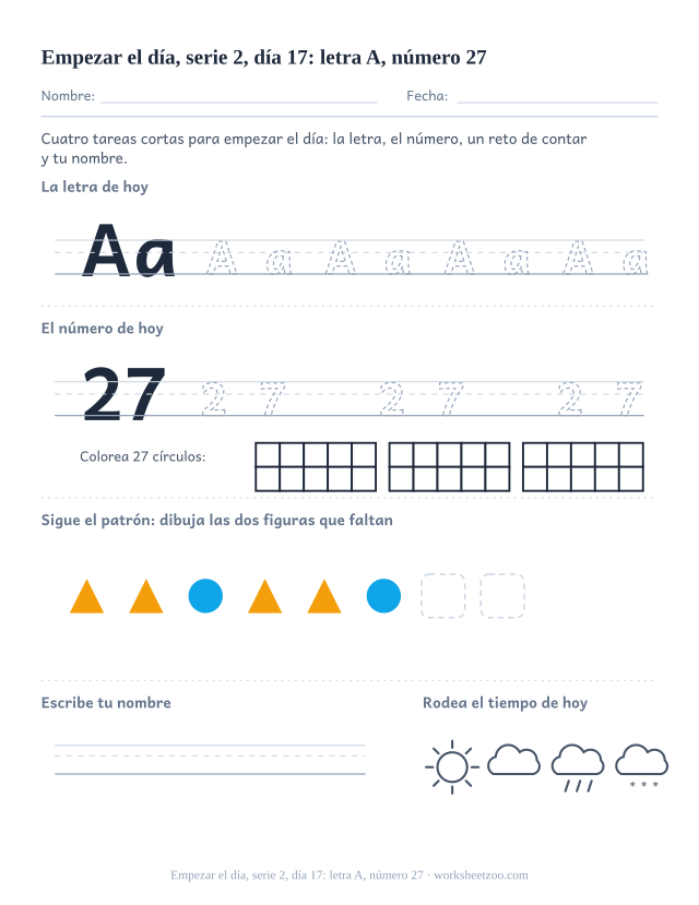 Página de trabajo de la mañana del día 17 de la serie 2 con la letra A para trazar, el número 27 en marco de diez, una tarea de matemáticas, nombre y tiempo (ronda de repaso)