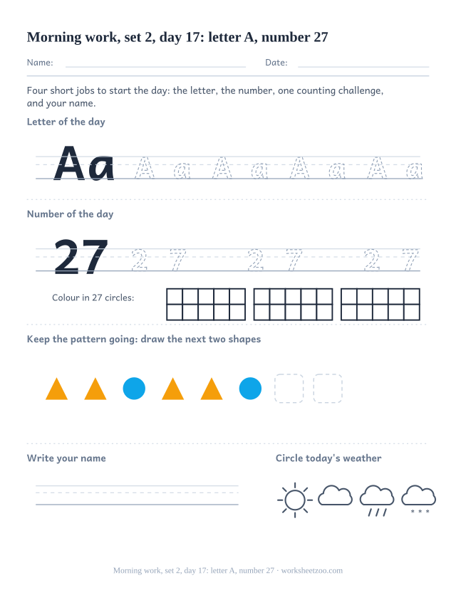 Kindergarten morning work page for day 17 of set 2 with letter A tracing, number 27 ten frame, a pattern task, name writing and weather (review round)