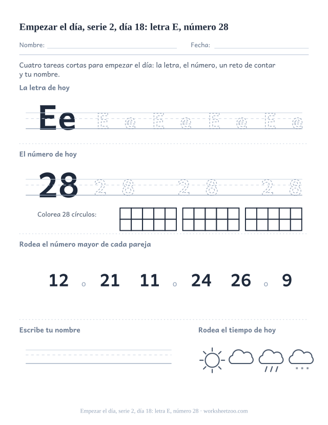 Página de trabajo de la mañana del día 18 de la serie 2 con la letra E para trazar, el número 28 en marco de diez, una tarea de matemáticas, nombre y tiempo (ronda de repaso)
