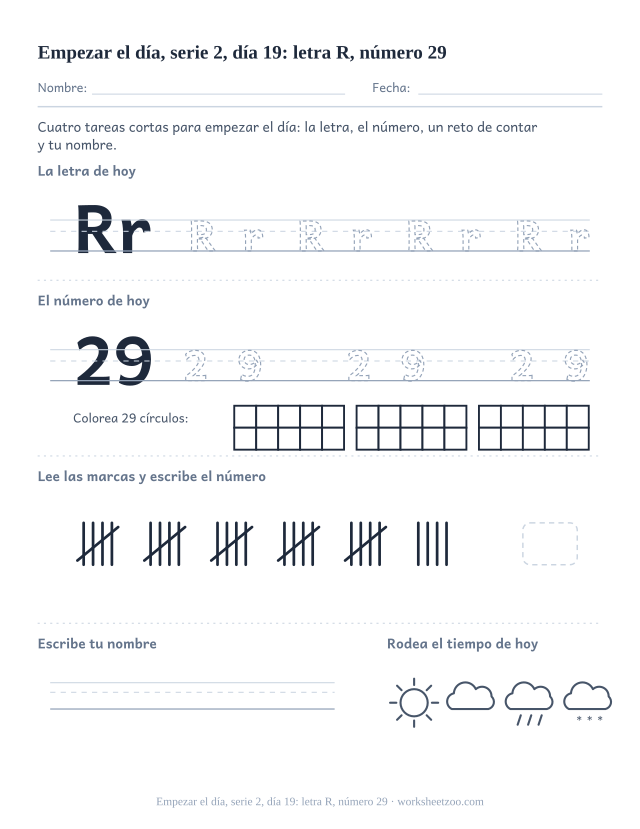 Página de trabajo de la mañana del día 19 de la serie 2 con la letra R para trazar, el número 29 en marco de diez, una tarea de matemáticas, nombre y tiempo (ronda de repaso)