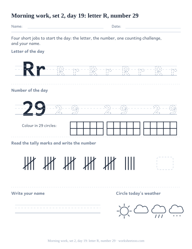 Kindergarten morning work page for day 19 of set 2 with letter R tracing, number 29 ten frame, a tally task, name writing and weather (review round)