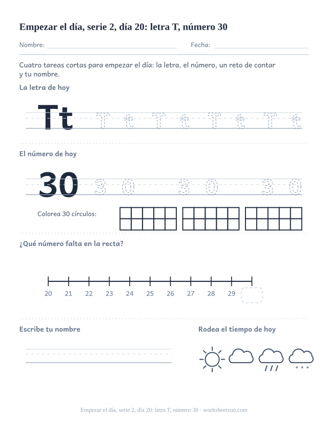 Página de trabajo de la mañana del día 20 de la serie 2 con la letra T para trazar, el número 30 en marco de diez, una tarea de matemáticas, nombre y tiempo (ronda de repaso)