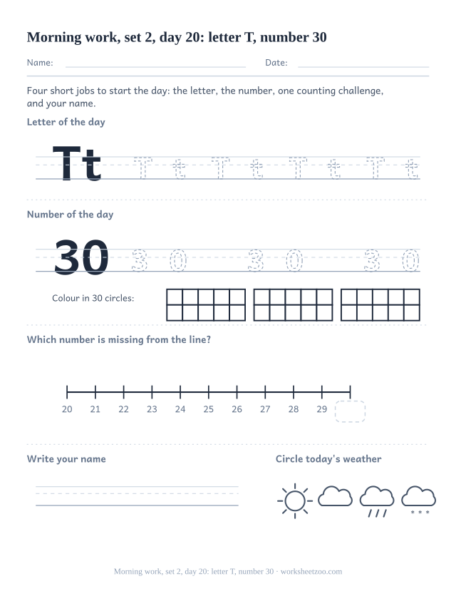 Kindergarten morning work page for day 20 of set 2 with letter T tracing, number 30 ten frame, a line task, name writing and weather (review round)
