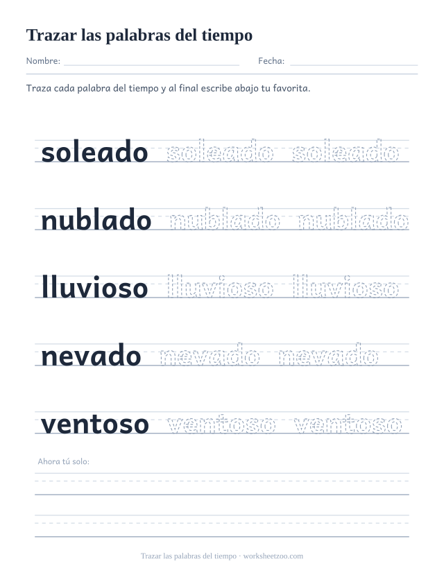 Ficha de trazado con cinco palabras del tiempo sobre pautas de escritura