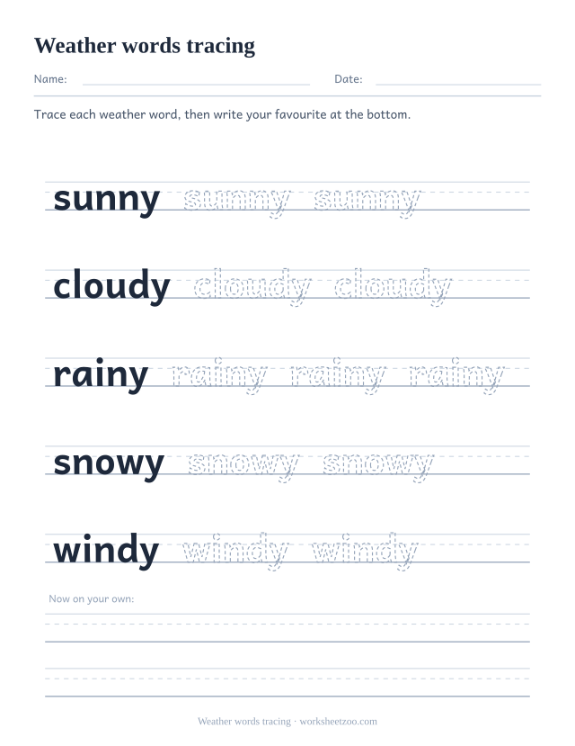 Tracing worksheet with five weather words on handwriting guides
