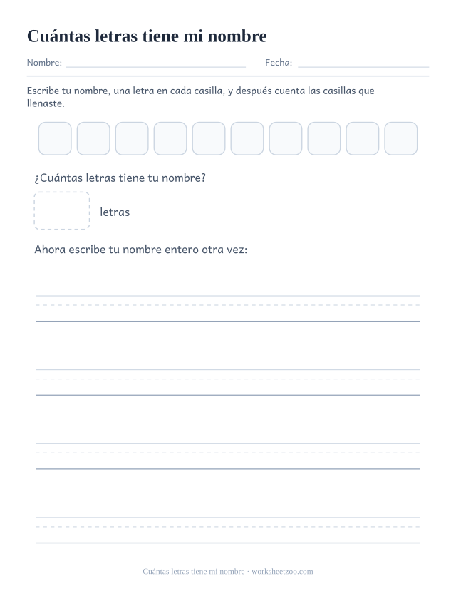 Ficha del nombre propio con casillas por letra y la pregunta de cuántas letras tiene el nombre