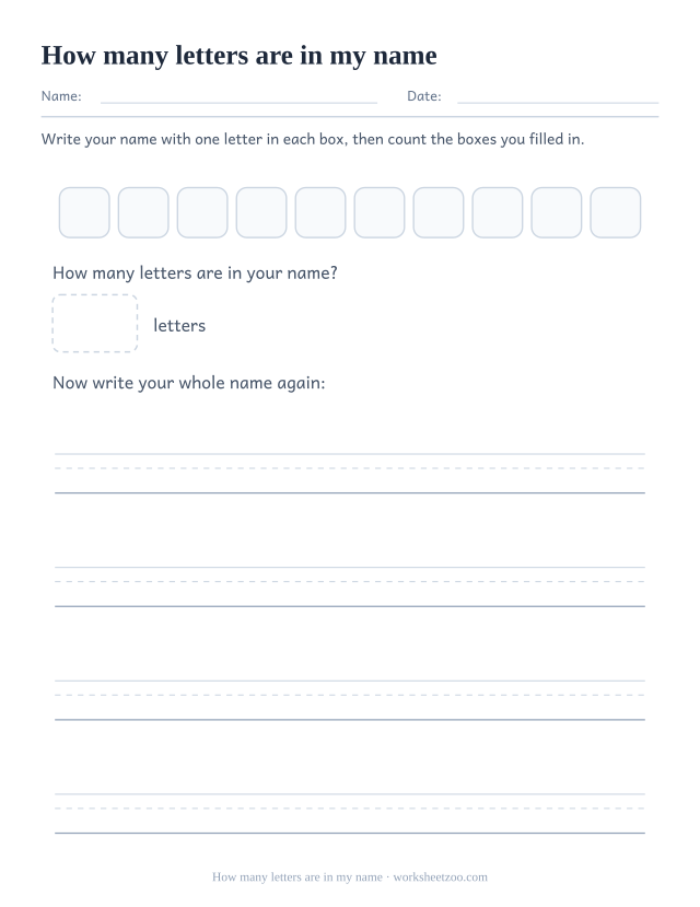 Name worksheet with letter boxes and a counting question about how many letters the name has