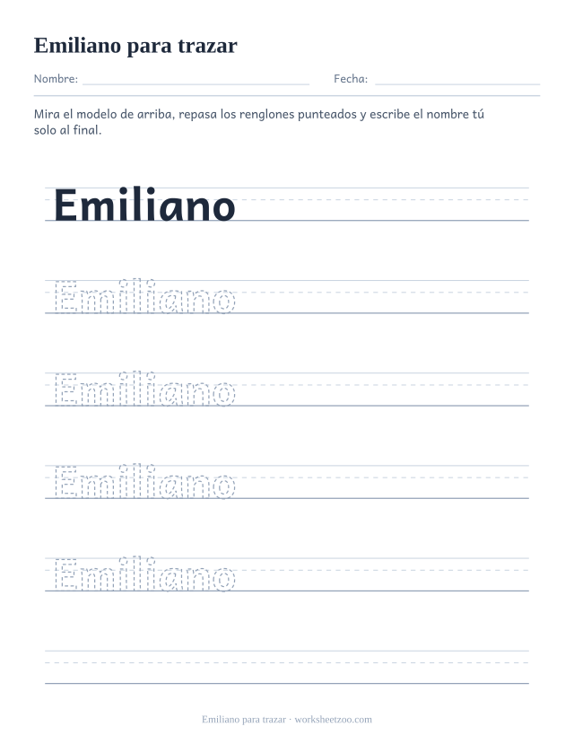 Ficha para trazar el nombre Emiliano, ocho letras punteadas sobre pauta