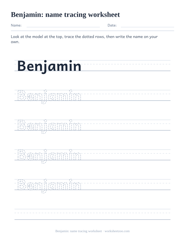 Name tracing worksheet for Benjamin, eight dotted letters on handwriting guides