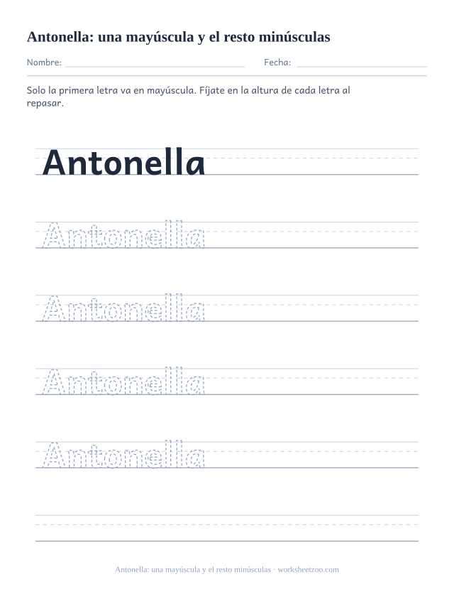 Ficha para trazar el nombre Antonella con una mayúscula inicial y el resto en minúsculas