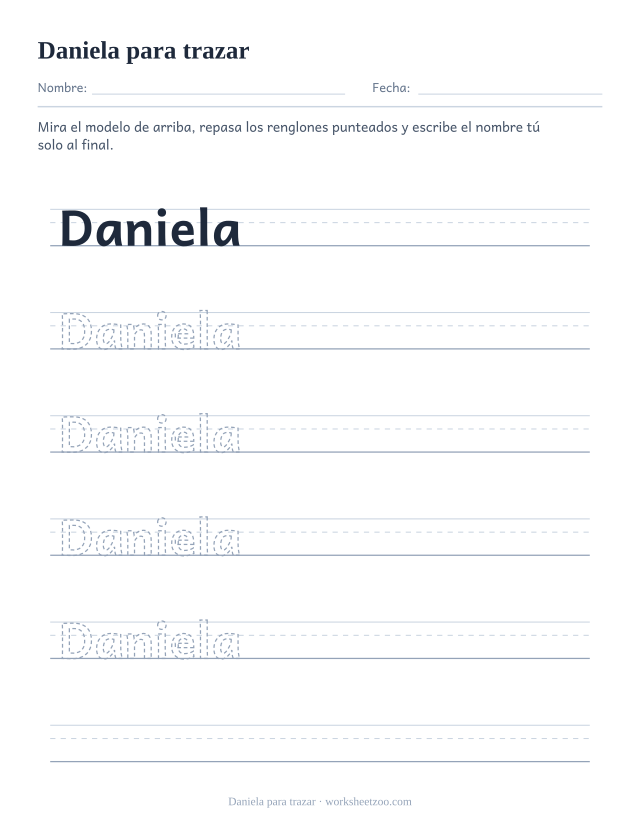 Ficha para trazar el nombre Daniela con letras punteadas sobre pauta