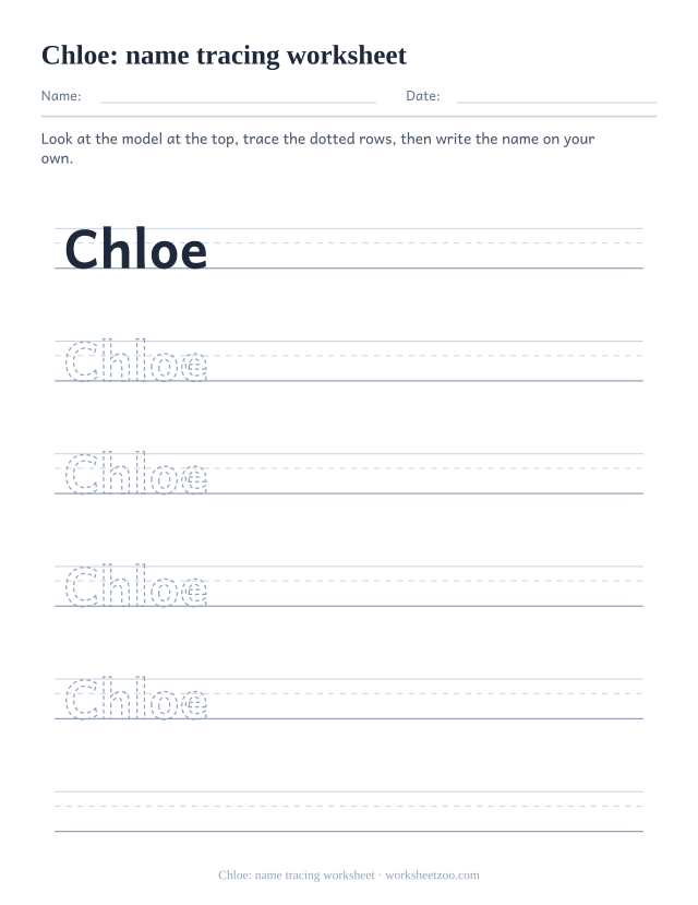 Name tracing worksheet for Chloe with the tall Ch pair and dotted practice rows
