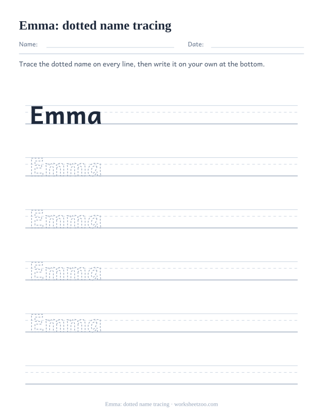 Name tracing worksheet for Emma with one solid example and four dotted rows to trace