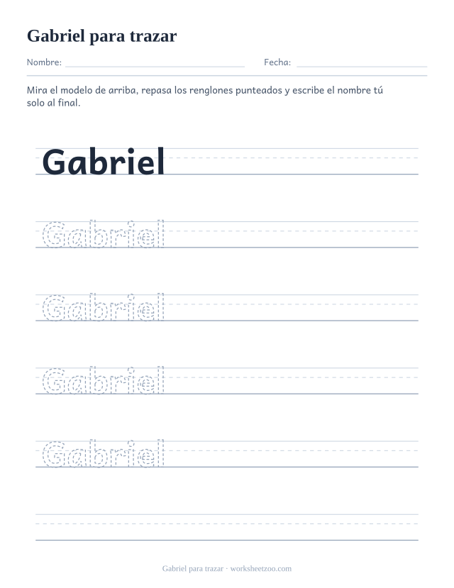 Ficha para trazar el nombre Gabriel con letras punteadas y pauta escolar