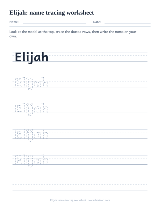 Name tracing worksheet for Elijah with a dotted name and a descender below the baseline