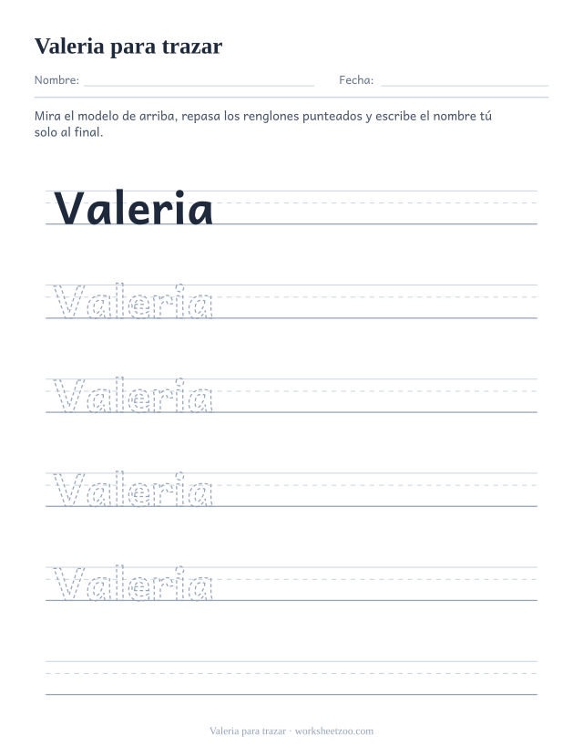 Ficha para trazar el nombre Valeria sobre pauta escolar