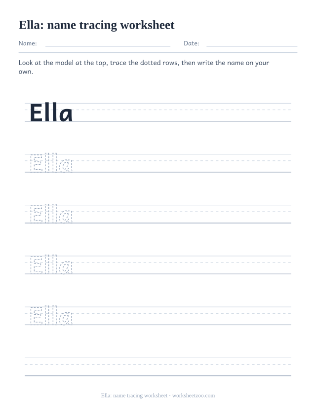 Name tracing worksheet for Ella with a double l to trace on handwriting guides