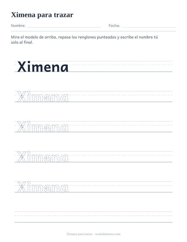 Ficha para trazar el nombre Ximena, que empieza por la letra X